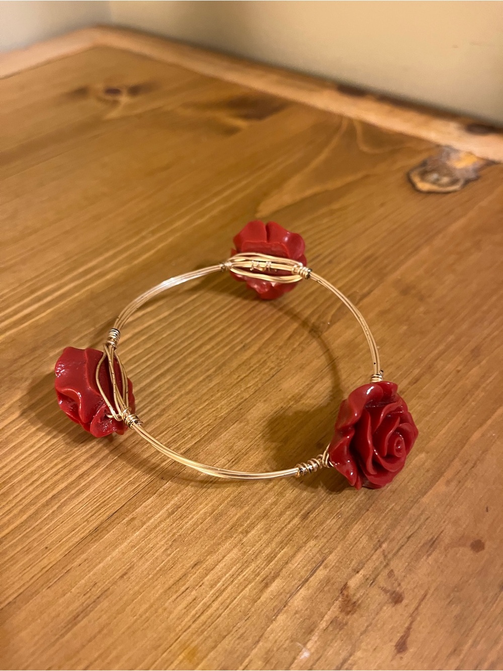 Gold-Tone Bangle Bracelet with Red Rose Charms 8 1/2”